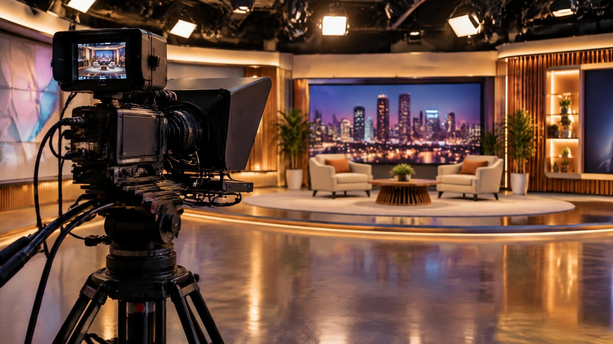 Professional video camera on a tripod in a TV studio set with soft lights