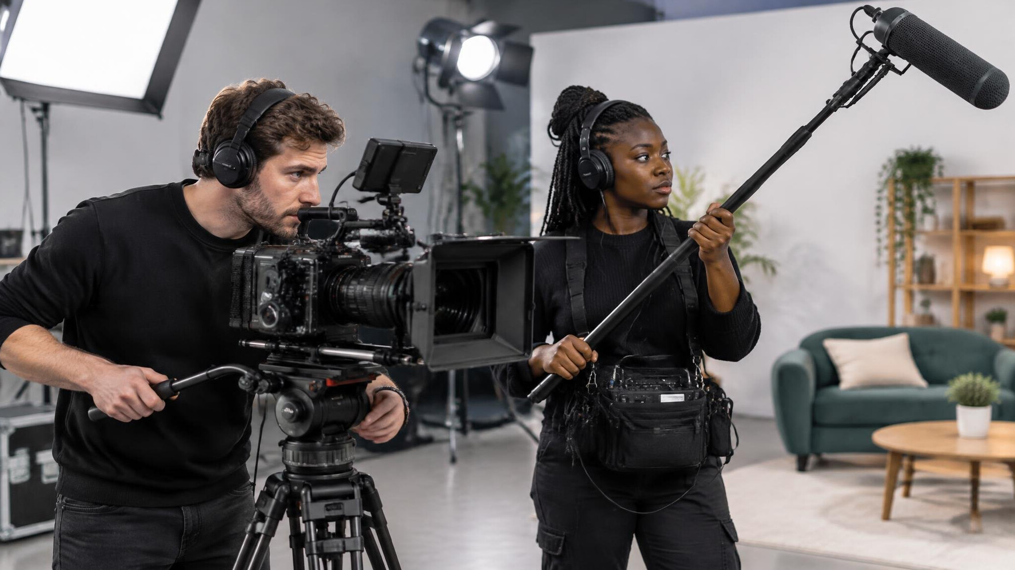 Film crew operating a camera on a production set