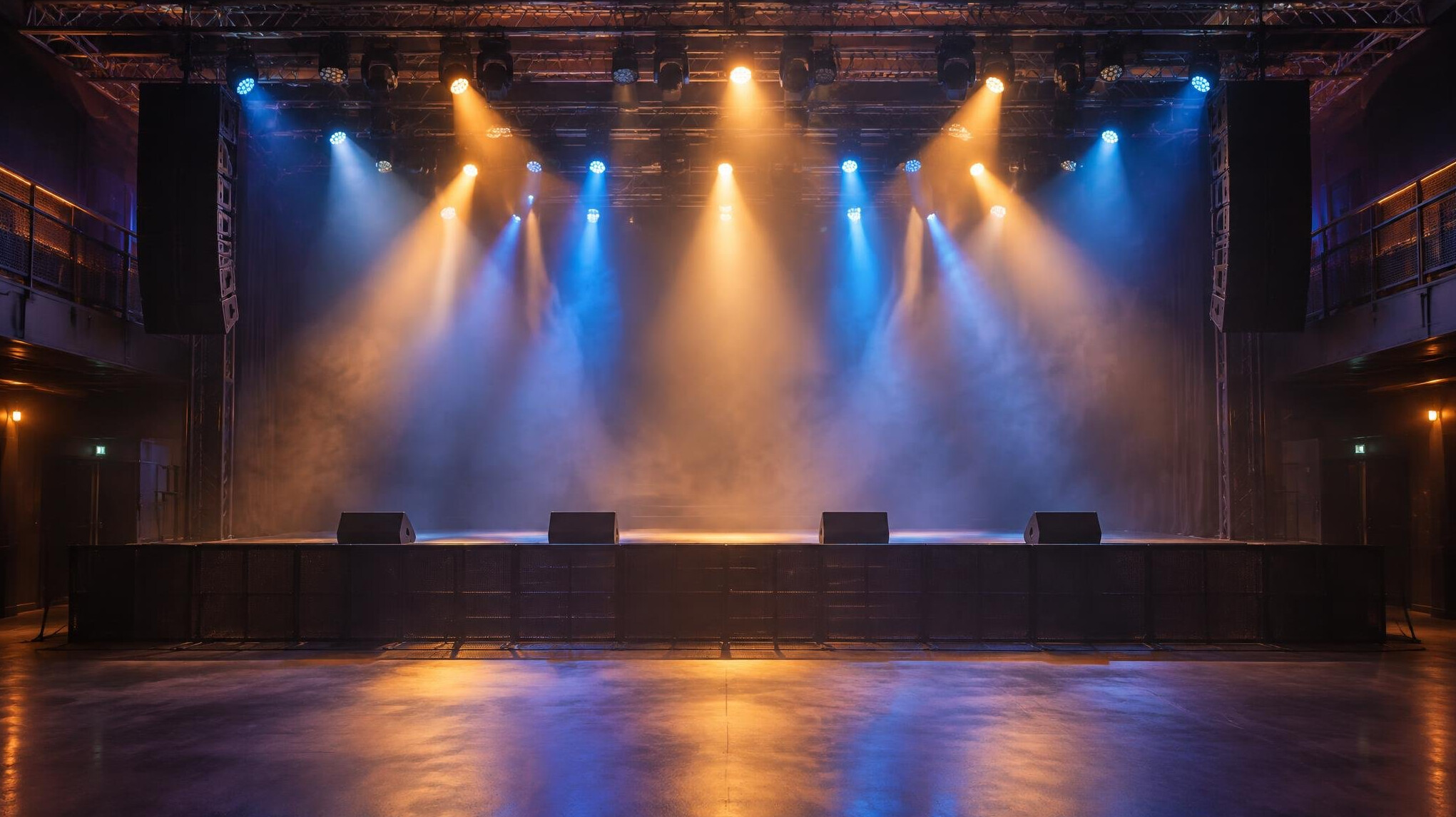 Colourful stage lighting rig above a venue