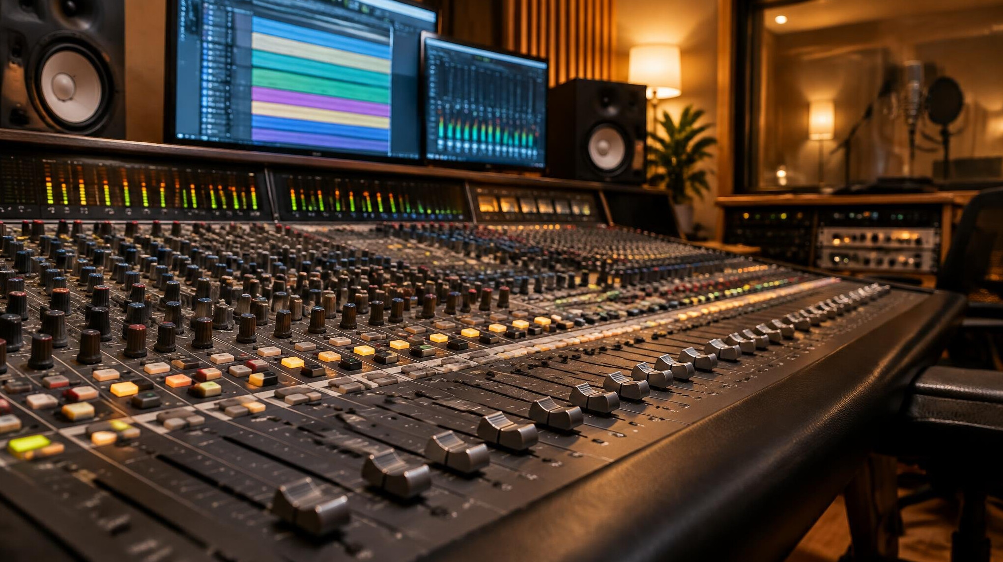 Audio mixing console in a recording studio